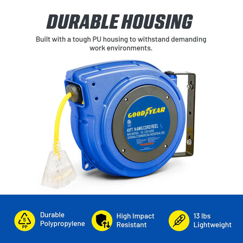 40 Ft Extension Cord Reel With 14 AWG 3 Conductor SJTOW Heavy Duty Power Cable Slow Retract Triple Tap Connector shown in durable housing
