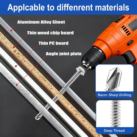 Top Shelf 410 Stainless Steel Self Drilling Tek Screws, Heavy Ball Hex Washer Head Assortment Kit drilling into various materials.