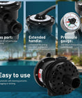 Rock Solid Top Mount Multiport Valve Direct Swap For Swimming Pool Filters Delivers Smooth Seven Position Dial Operation And Hassle Free Backwash Rinse Upkeep Year Round close-up showing bias port, extended handle, and pressure gauge for easy operation.