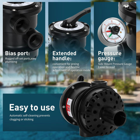 Rock Solid Top Mount Multiport Valve Direct Swap For Swimming Pool Filters Delivers Smooth Seven Position Dial Operation And Hassle Free Backwash Rinse Upkeep Year Round close-up showing bias port, extended handle, and pressure gauge for easy operation.