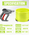 Heavy Duty 150 Ft Sewer Jetter Kit For Pressure Washers 3600 PSI hose and nozzle specification image