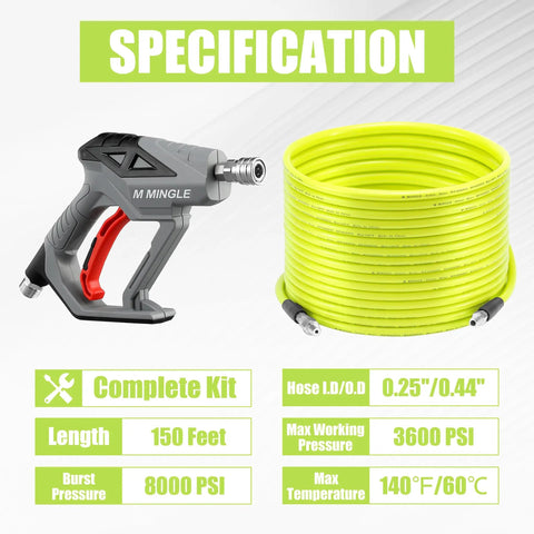 Heavy Duty 150 Ft Sewer Jetter Kit For Pressure Washers 3600 PSI hose and nozzle specification image