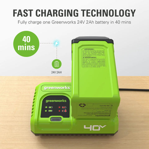 40V 5A Rapid Charger With Diagnostic LED For All 40V Battery Packs on benchtop, shown with battery, featuring LED indicators
