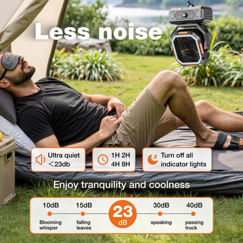 Man relaxing in a tent with 30000mAh Portable Camping Fan With Remote And LED Lantern, Cordless Battery Powered Fan nearby