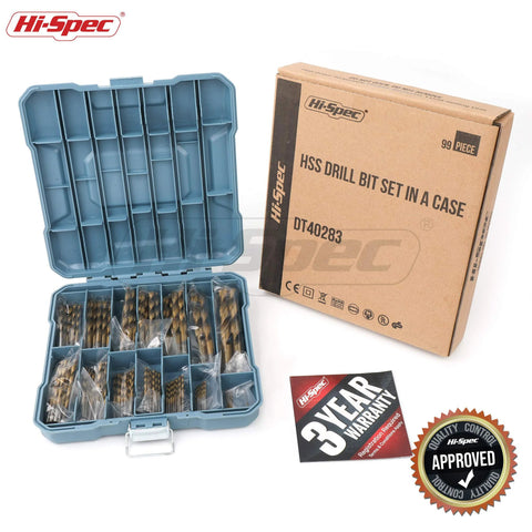 Hi-Spec 99-piece HSS drill bit set in blue case with segmented storage for metal, plastic, wood, drywall (1/16–3/8").