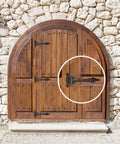 Wooden door with Two Piece Gate Hinge Set For Wooden Fences Heavy Duty Black Matte Finish Cast Iron Outdoor Barn Hinges visible on side