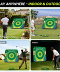 Massive 6x6 Foot Golf Chipping Game Set With Adjustable Practice Clubs displayed in various outdoor and indoor locations