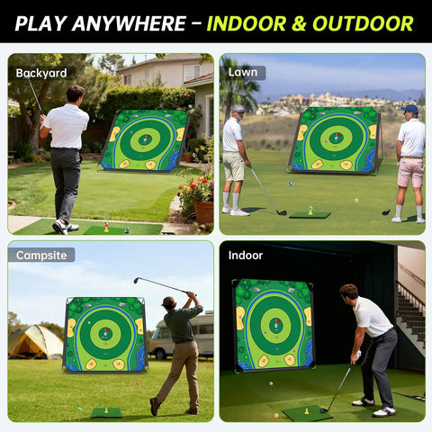 Massive 6x6 Foot Golf Chipping Game Set With Adjustable Practice Clubs displayed in various outdoor and indoor locations