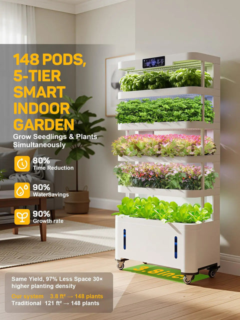 Massive Vertical Hydroponic Growing System With 148 Pod Indoor Garden Tower in a bright indoor setting