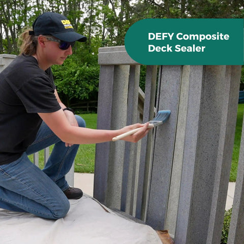 Person applying Extreme Composite Deck Sealer Crystal Clear Waterproof Sealant For Wood And Composite Surfaces With Zinc Nano Technology.