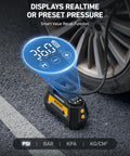 H2 Pro Cordless Tire Inflator Portable Air Compressor With Dual Power 12V DC And Battery Supplies displaying tire pressure reading by car tire