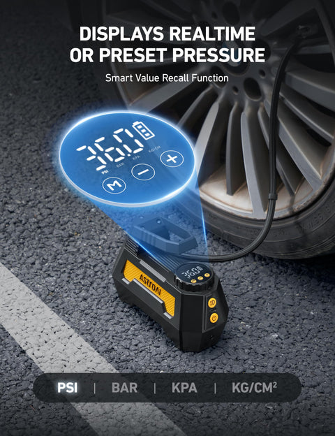 H2 Pro Cordless Tire Inflator Portable Air Compressor With Dual Power 12V DC And Battery Supplies displaying tire pressure reading by car tire