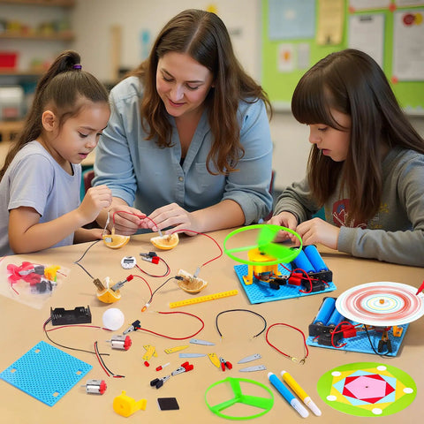 Children learning with Seven In One STEM Kit For Kids Ages Eight To Twelve with electric motor, exploring experiments in classroom.