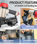 Lightweight Pneumatic Roofing Nailer 15 Degree Coil Nail Gun slides between rafters, featuring a large capacity for optimized efficiency.
