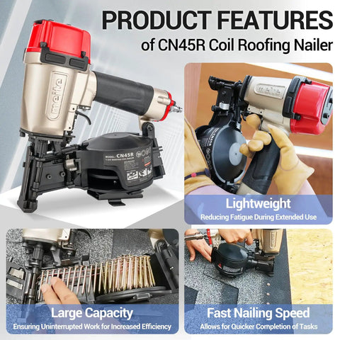 Lightweight Pneumatic Roofing Nailer 15 Degree Coil Nail Gun slides between rafters, featuring a large capacity for optimized efficiency.