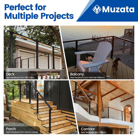 Collage showcasing 16 To 20 Ft Modular Black Cable Railing Kit For Decks With 36 Inch Posts in various settings