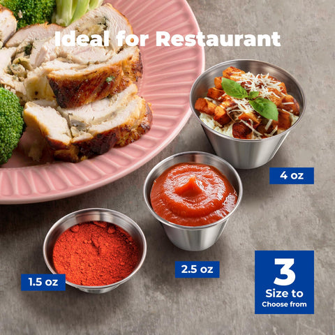 12 Pack One And A Half Ounce Stainless Steel Dipping Sauce Cups Reusable Metal Ramekins Commercial Grade Condiment Bowls Individual Portion Cups Small Round Au Jus For Home And Restaurant next to a plate with food and various sauces.