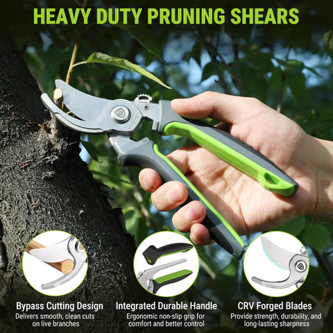 Two Piece Garden Pruning Set Featuring An 8.5 Inch Bypass Pruning Shear and hand trimming tree branch outdoors.