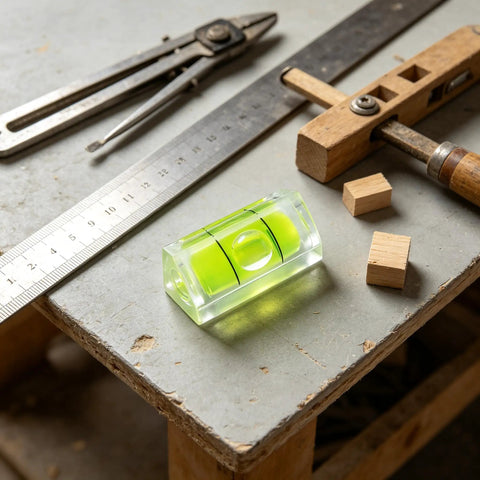 6Pcs Small Bubble Level 10x10x29mm Mini Square Spirit Level Picture on workspace with tools and wooden blocks.
