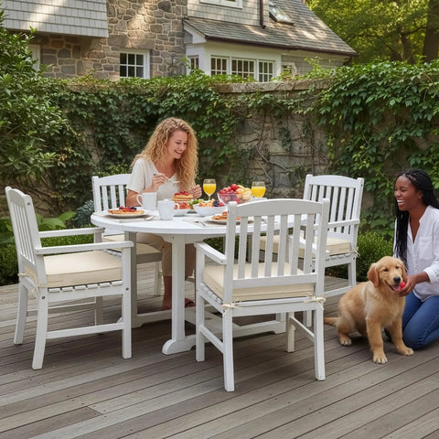 Beige Outdoor Chair Cushions Set Of Four Waterproof And Fade Resistant For Patio Furniture With Ties And Hidden Zipper Replacement Cushions installed on patio chairs.