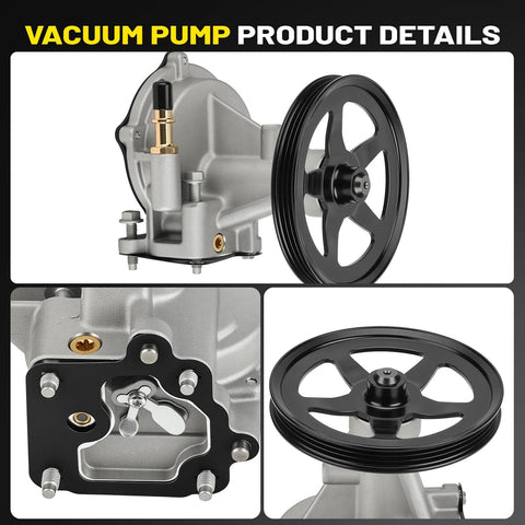 C-Tzu 904-861 brake vacuum pump for GM SUVs; front view with black pulley, side mounting detail, and mounting-area close-up.