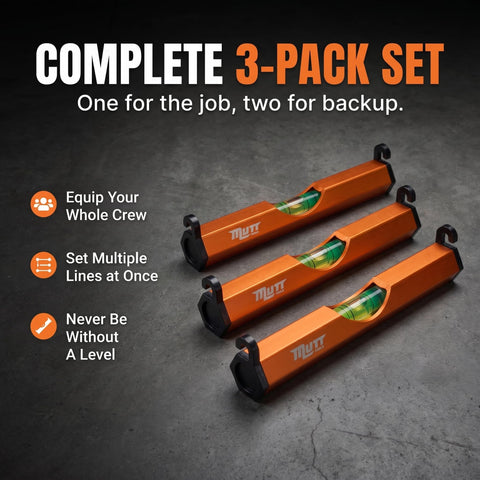 Pro Grade Aluminum String Line Level For Masonry And Fence Jobs, Heavy Duty 3-pack set in orange aluminum with precision vials.