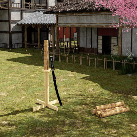 Natural Rubberwood Kendo Tameshigiri Practice Stand for Heavy Duty Sword Training with mats in traditional dojo setting