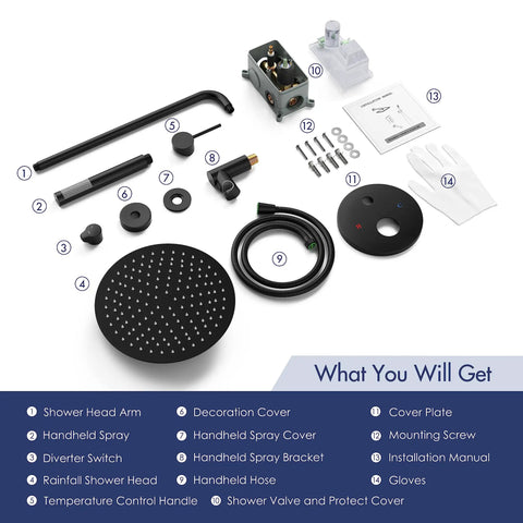 10 Inch Matte Black Round Rain Shower Set With Wall Mounted Rainfall Head And Handle Trim Kit, 2-Function Shower Fixtures contents