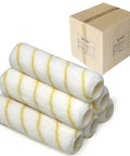 Professional Grade 9 Inch Paint Roller Covers 144 Case Pack Heavy Duty Zero Fuzz Lint Free 1/2 In Nap Sleeves stacked beside the bulk box.