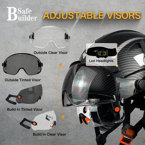 Hard Hat For Construction With Clear And Tinted Visors And Built In Earmuffs Hearing Protection Matte Black Industrial Safety Helmet Featuring 6 Point Suspension Worksite Ready All Day Comfort And Fully Adjustable Fit For Engineers And Builders with adjustable visors displayed.