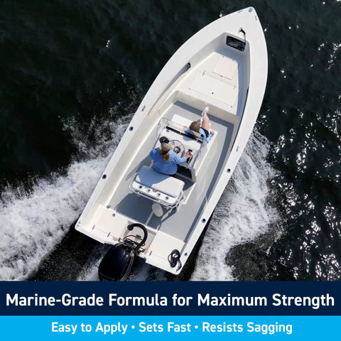 Man driving a boat on water, showcasing marine-grade application for Fiberglass Reinforced Polyester Structural Repair Putty Quart Kit.