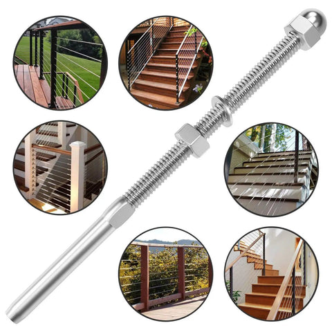 50 Pack Cable Railing Kit With Swage Threaded Stud Tension End Fittings For 1 8th Inch Cable Deck Railing In T316 Stainless Steel For 4x4 And 2x2 Posts Easy Install Tensioner Hardware with various railing setups displayed
