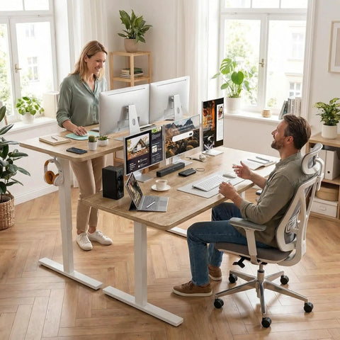 Wide 55x32 Inch Electric Standing Desk With Height Adjustment, 2 Memory Presets, 31.5 Inch Deep Work Surface, Sit Stand Home Office Desk With Hooks, Oak Finish in modern office setting