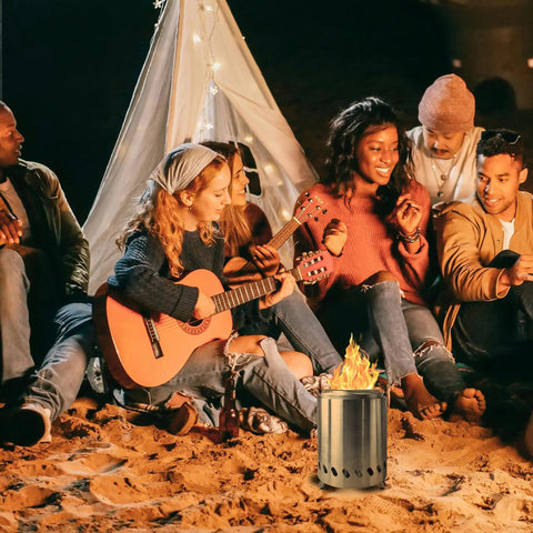Group enjoying beach night with smokeless tabletop fire pit with portable pellet stove and cozy vibes in background