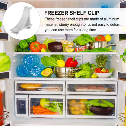Open fridge with Aluminum Freezer Shelf Clips Must Have Ten Pack Easy To Install Cooler Shelf Braces beside various groceries