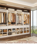 Massive 100 Inch White Closet Organizer With Four Roomy Wooden Drawers And Four Heavy Duty Hanging Rods Featuring Sixteen Handy Cubby Storages For A Quick Walk In Wardrobe Setup That Is A Total No Brainer, displaying organized clothes and storage.