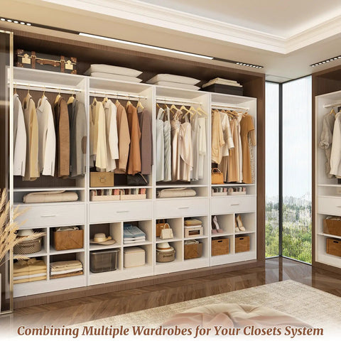Massive 100 Inch White Closet Organizer With Four Roomy Wooden Drawers And Four Heavy Duty Hanging Rods Featuring Sixteen Handy Cubby Storages For A Quick Walk In Wardrobe Setup That Is A Total No Brainer, displaying organized clothes and storage.