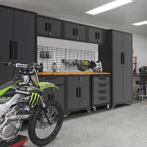 Nine Piece Steel Garage Cabinet Set With Locking Storage and Rolling Chest Includes Tall Cabinets Base Cabinets Wall Cabinets Four Drawer Cabinet on Casters for Easy Tool Organization in Black and Grey installed in a garage.
