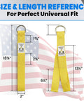 Heavy Duty Cable Machine Strap Attachment with size chart and American flag background for Upper Body Training and Functional Workouts.