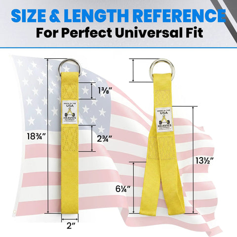 Heavy Duty Cable Machine Strap Attachment with size chart and American flag background for Upper Body Training and Functional Workouts.