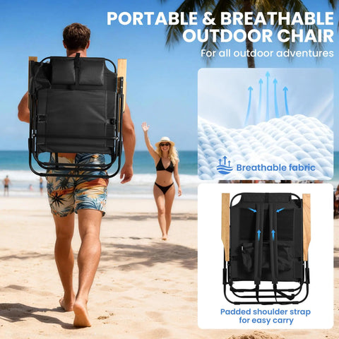 Person carrying Premium Portable Camping Chair With Five Position Recliner Lightweight Foldable Outdoor Lounger on beach
