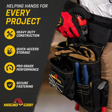 20 Pocket Builder Tool Rig With Magnetic Storage For Quick Access shown with tools in pockets, close-up view of belt in use.