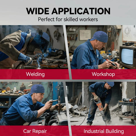Men wearing Reversible Welding Cap With Elastic Retractable Band For All Day Comfort 8 Panel Welders Hat Made From Fireproof Cotton 10 oz Safe Gear For Welding With A Secure Fit For Men And Women Camouflage in work environments: welding, workshop, car repair, and industrial building.