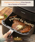 Image of Six Quart Nine In One Air Fryer With Pfas Free Ceramic Basket displaying a steak, showing fan speed settings.