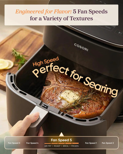 Image of Six Quart Nine In One Air Fryer With Pfas Free Ceramic Basket displaying a steak, showing fan speed settings.