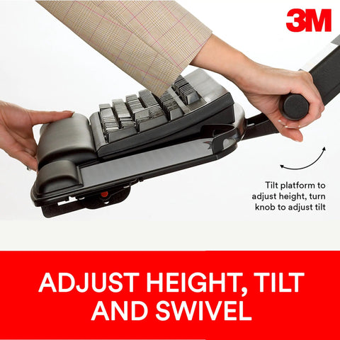 Slick Heavy Hitter Under Desk Keyboard Tray With Gel Wrist Rest And Smooth 23 Inch Glide Platform, Adjustable Height Tilt Swivel For Ultimate Ergonomic Vibe, Solid Wood Setup In Clean Black shown with hands adjusting height and tilt.