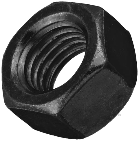 Black oxide hex nut with internal threads, close-up view