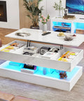 47.2 Inch Lift Top Coffee Table With LED Lights And Charging Station showcasing hidden storage compartments in modern living room.