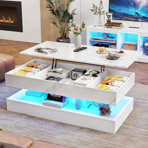 47.2 Inch Lift Top Coffee Table With LED Lights And Charging Station showcasing hidden storage compartments in modern living room.