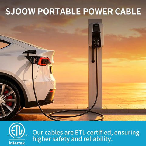 No Sweat 100 Foot 14 3 Sjoow Portable Power Cable Featuring Slick Rubber Jacket For Outdoor Job Sites And Driveway Projects Etl Rated 14 Awg Three Conductor Extension Wire charging an electric vehicle.